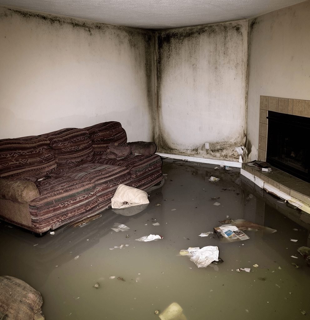 El Cajon living room with mold growth and flood water damage before remediation
